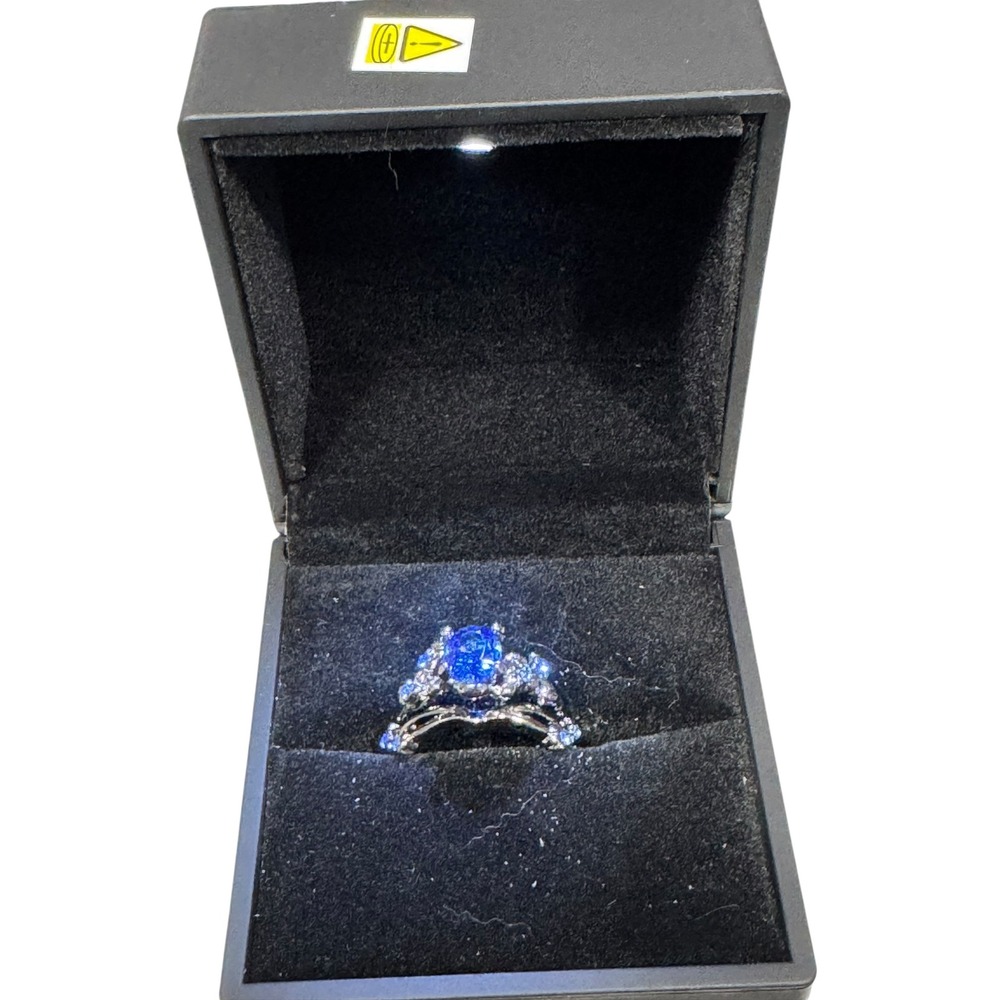 Stunning Blue Gemstone Engagement Ring Silver Tone Stackable Band Women Size 7‎